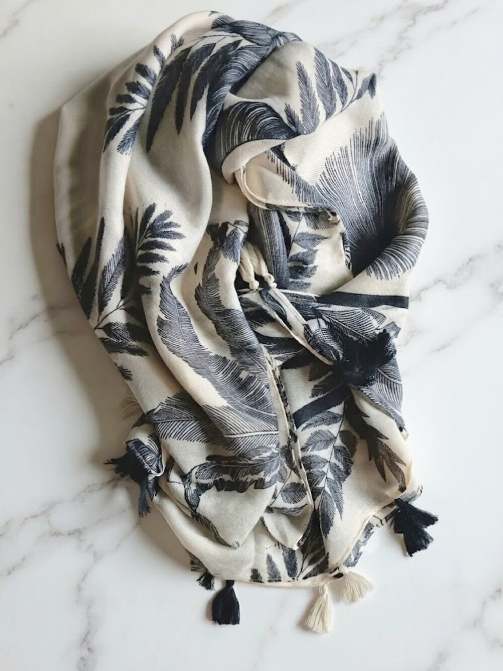 Women's Cream scarf with Black Leaf Print - Picture 2 of 5